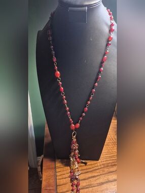 Vintage Red Glass Beaded Necklace With Tassel Cowboy Boot Charms